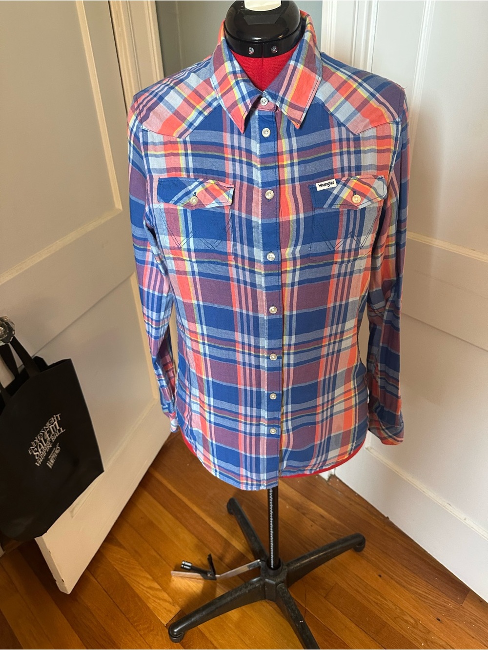 Wrangler Pink and Blue Plaid Snap-Front Western Shirt